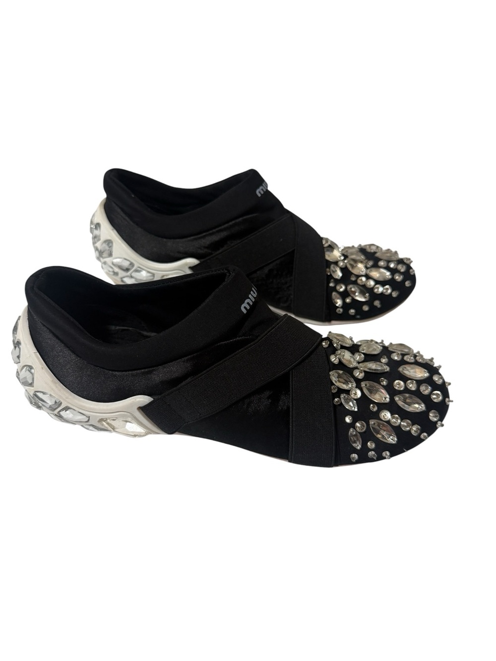Black Crystal-Embellished Cross-Strap Slip-Ons - Picture 3 of 15